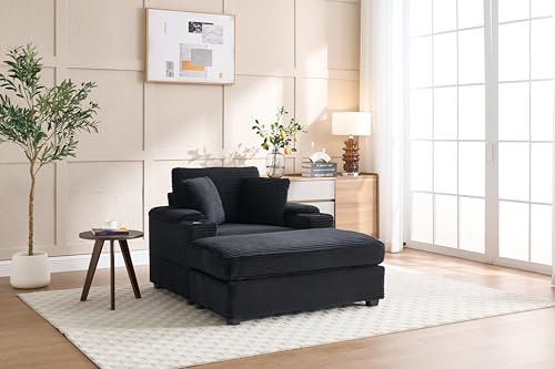 Image of 50 inch Corduroy Upholstered Chaise Lounge Chair Indoor, Modern Lazy Sofa with Storage Armrest, Sleeper Couch with Cup Holders for Living Room, Black
