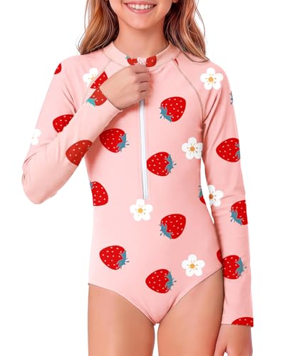 Image of Century Star UPF 50+ Girls Long Sleeve Swimsuit - Rash Guard Swimsuit Toddler Kids Teen One Piece Bathing Suit Zip 2-15Y