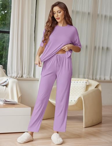Image of Ekouaer Lounge Sets for Women Short Sleeve Tops and Long Pants Soft Comfy Pajamas Set 2 Piece Outfits