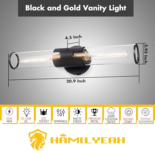 Image of Hamilyeah Black and Gold Bathroom Vanity Bar Light Fixture, 21 inch Bathroom Vanity Light Fixture Over Mirror, Modern Sconces Wall Lighting 2 Light for Kitchen, Living Room, Bedroom