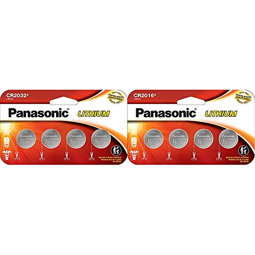 Panasonic CR2032 3.0 Volt Long Lasting Lithium Coin Cell Batteries in Child Resistant, 4 Pack & CR2016 3.0 Volt Long Lasting Lithium Coin Cell Batteries in Child Resistant, 4 Pack