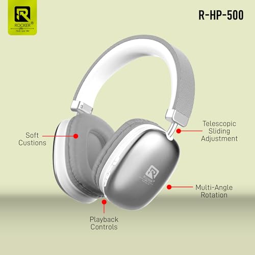 Image of Rocker RHP500 Wireless Bluetooth Over Ear Headphones with Mic, 30Hrs Battery, 40mm Drivers, 40ms Low Latency Gaming, ENx Noise Reduction, Bluetooth v5.4, Soft Cushions (Silvery)
