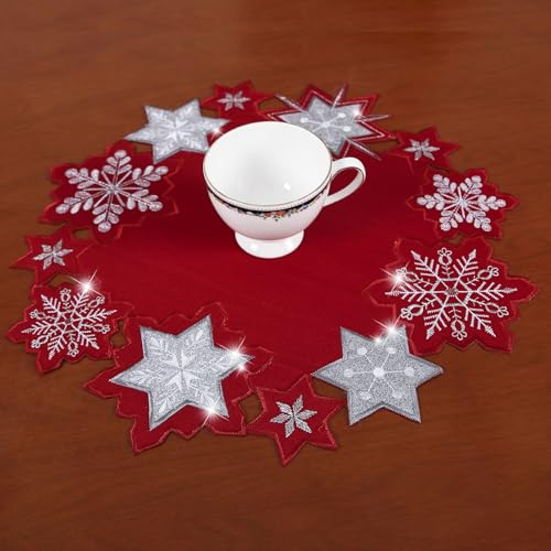 Christmas Placemat Embroidered Snowflake Red Set of 4 Xmas Decorations