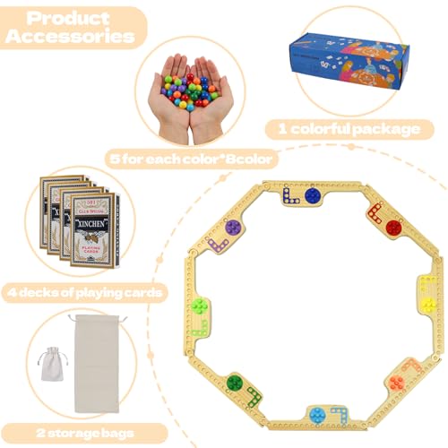 Image of Jokers and Marbles Board Game - Wooden Travel Game for 2-8 Players，Card and Marble Game,with 8 Game Boards 4 Cards 40 Marble - for Travel & Parties and Family Nights