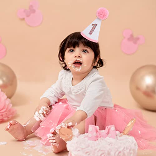 First Birthday Hat For Baby Girls - White Glitter Birthday Hat With Pink Pom Topper, 1St Birthday Girl Decoration, Pink Birthday Decorations, 1St Birthday Outfit Girl, Cake Smash Photo Prop #TOP2