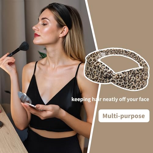 Image of ZLYC Mulberry Silk Headband for Women's Hair, Leopard Print | smooth luxury real silk, stretch elastic no slip fit, makeup spa skincare use, travel daily wear,boho fashion hair accessory