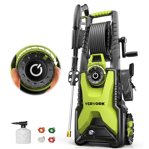 Pressure Washer, Adjustable 5000 Max PSI 2.5 Max GPM, Power Washer with 33 FT Hose Reel, Steel Wand, 500ml Foam Cannon, 4-Nozzle Set, Electric Pressure Washer for Cars, Fences, Patios