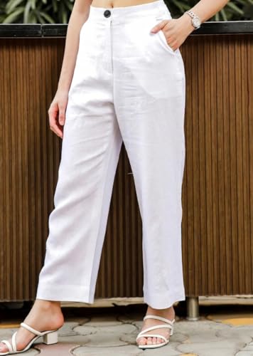 Image of Vogaan Women Cotton Linen Blend Straight Fit Trousers | High Waist Casual Office Pants | Solid Ankle Length Bottom Wear
