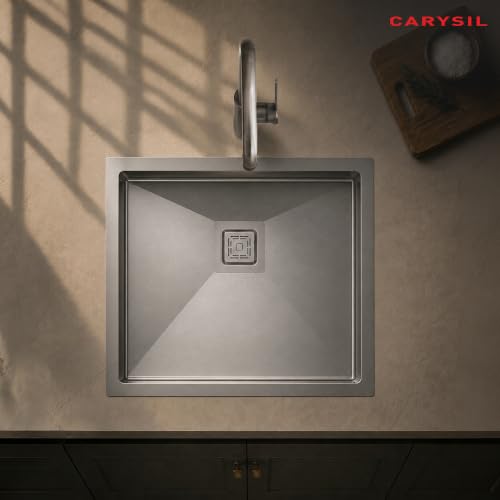 Image of Carysil Micro Radius R10 Handmade 304 Stainless Steel Sink 21x18x8 Inches, 10mm Corner Radius, Single Bowl, Deep Bowl, Sloping Drain, SS Coupling, Special Padding & Anti-Condensation Undercoating