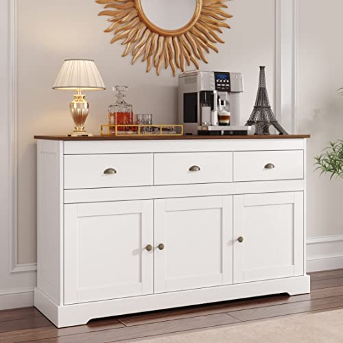 Anjiaqianmo White Buffet Cabinet Storage Kitchen Cabinet Sideboard With 3 Drawers & 3 Doors Adjustable Shelves For Dining Living Room Cupboard #TOP2