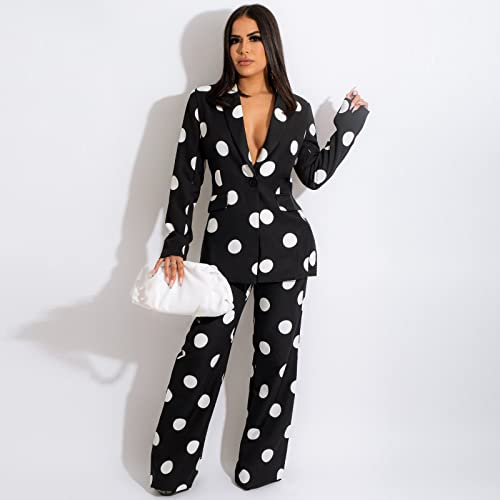 Women's Suiting 2 Piece Polka Dot Blazers Business Casual V-Neck Long Sleeve Blazer Jacket and Wide Leg Pants Set2