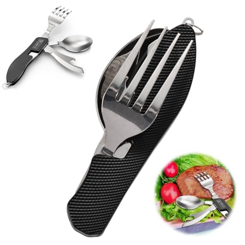 Cubiertos de camping plegables, 4 en 1 de acero inoxidable, cubiertos plegables de camping, cubiertos plegables de acero inoxidable, vajilla extraíble para camping y exteriores (negro)