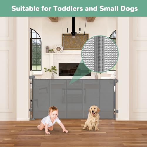 Reinforced 26 Inch Tall Retractable Child Gate to Step Over 55\" Wide Small Retractable Baby Gates for Stair Retractable Dog Gate Short Mesh Dog Gate Retractable Toddler Gates for Doorways Doggy Gate
