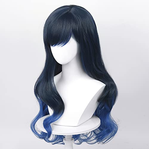 Long Black Blue Wig Cosplay Costume Girls Women Pjsk Anime Two Tone Curly Wigs For Halloween Christmas With Cap #TOP3