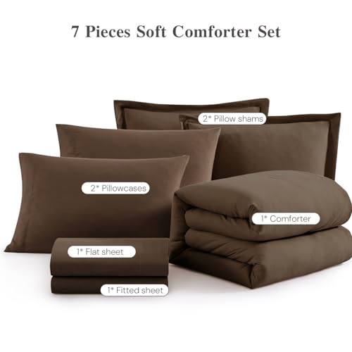 Image of Queen Comforter Set-7 Pieces Soft Prewashed Bed in a Bag Queen Bedding Sets | All Season Comforter with Sheets, Pillow Shams & Pillowcases,Chocolate Brown