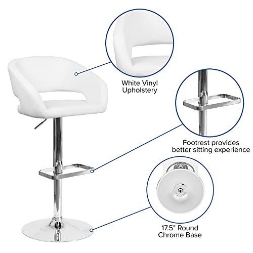 Flash Furniture Contemporary White Vinyl Adjustable Height Barstool With Rounded Mid-Back And Chrome Base, 21"W X 20.5"D X 42"H #TOP4
