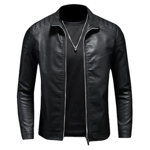 GUOYUXIAO Chaquetas de cuero para hombre, ropa de moto para hombre, chaquetas de primavera y otoño-Black-S