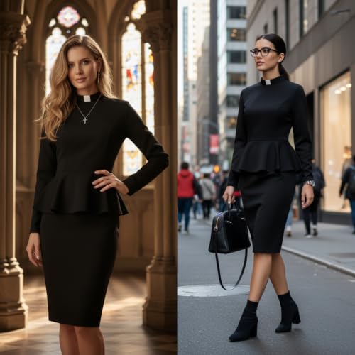 Image of FAD-4U Church Clergy Dress for Women Minister Long Sleeve Ruffle Slim Pencil Dress with Tab Insert Stand Collar