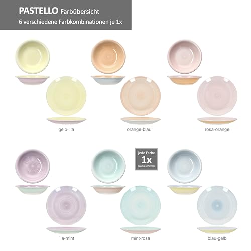 MamboCat Pastello12tlg Tafelservice I buntes Steingut-Geschirr mit Pastell-Farben für 6 Personen I 6X Speiseteller & 6X Suppenteller für Frühstück, Mittag & Abendbrot