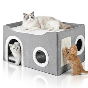 Katzenhaus Indoor, Großes Katzenhöhle mit Kratzbrett und Spielball, Faltbares Katzenversteck, katzenhöle mit Wendbarem Kissen für mehrere kleine Haustiere