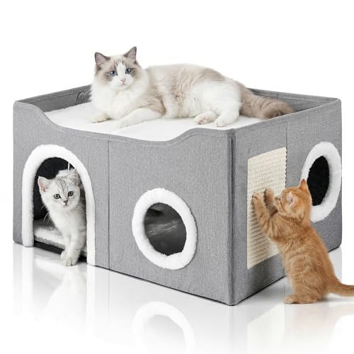 Katzenhaus Indoor, Großes Katzenhöhle mit Kratzbrett und Spielball, Faltbares Katzenversteck, katzenhöle mit Wendbarem Kissen für mehrere kleine Haustiere