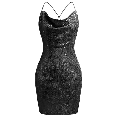 Women's Spaghetti Straps Cowl Neck Sequins Glitters Bodycon Mini Dress Party Nightclub Dress3