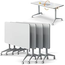 4Pcs White Conference Table, Folding Conference Room Tables with Flip-Top Design,Mobile Training Room Table Rolling Meeting Table with Caster Wheels for Offices, Classrooms, Meeting Room