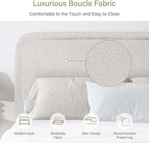 Image of BarnFurin Twin Bed Frame, Cloud Boucle Headboard, Rounded Corners, Beige | Soft boucle and rounded edges create a low-profile cloud look. Wooden slats support the mattress without a box spring