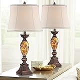 Kathy Ireland Mulholland Traditional Vintage Table Lamps 30" Tall Set of 2 Aged Bronze Marbleized Golden Off White Fabric Oval Shade for Living Room Bedroom House Nightstand Office Entryway