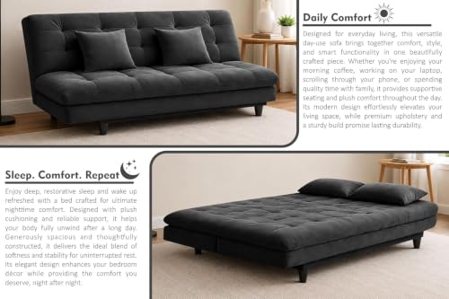 Image of Velvet Fabric Wooden 3-Seater Apsen Sofa Bed with Tufted Couch with Adjustable Backrest- Living Room Furniture-Black-Color