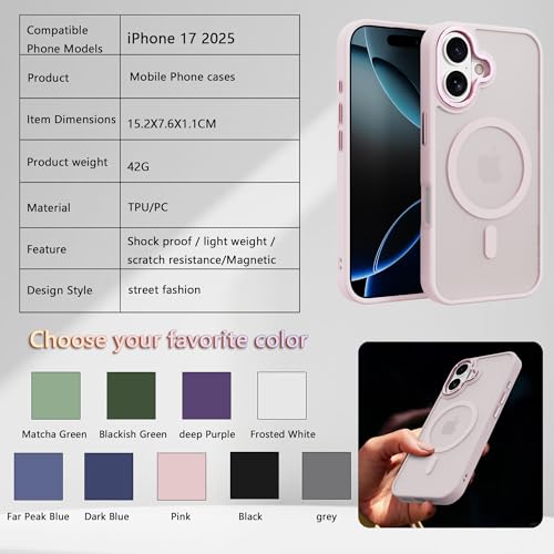 Image of Magnetic for iPhone 17 Phone Case, [Compatible with MagSafe], Screen Protector X1, [Military Grade Drop Protection],Matte Finish,Slim,Shockproof,Protective (Pink, iPhone 17)