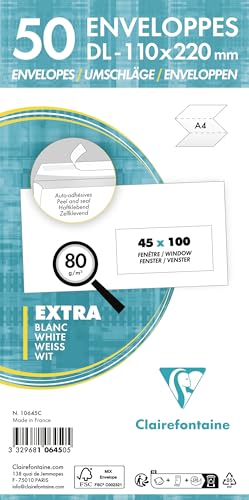 Clairefontaine 10645C - Packung mit 50 Umschlägen weiß DL-110x220mm, vertraulich, selbstklebend, 80g, mit Sichtfenster Pergamin Papier 45x100 (20/20), 1 Pack