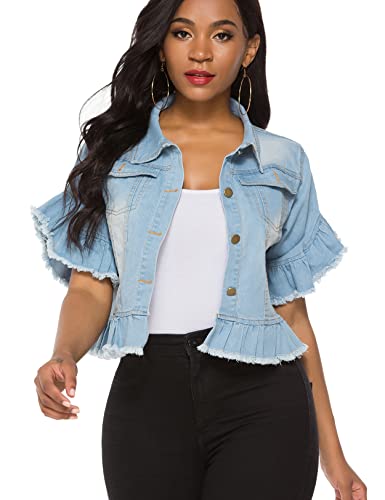 Image of Suvimuga Women's Denim Jacket Button Down Distressed Ruffle Sleeve Crop Jean Jackets Coat