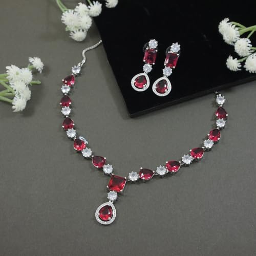 Image of I Jewels Silver Plated Cubic Zirconia American Diamond Valentines Special Necklace & Drop Earrings Jewellery Set for Women