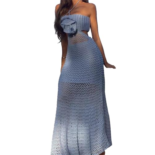 Qianderer Damen Strickkleid, Neckholder, schmale Passform, ausgehöhlter Ausschnitt, ärmellos, durchsichtig, 3D-Blume, einfarbig, langes Kleid für...