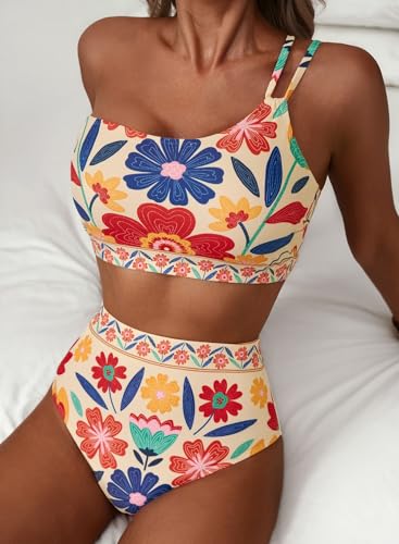 Herseas Women\'s 2 Piece Bikini Sets One Shoulder Swim Suit High Waisted Removable Padded Wire Free High Rise Bathing Suits Classic Vacation Essentials Multicolor Floral Large