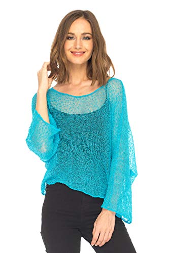 Shu-Shi Womens Sheer Blouse Top Knit Lightweight Shrug Sweater Poncho Turquoise #TOP27
