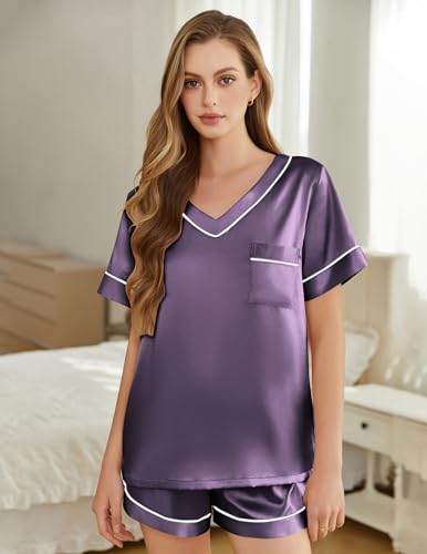 Image of Silk Pajamas for Women Short Sleeve Satin 2 Piece Pj Set Soft V Neck Sleepwear Loungewear, S-XXL