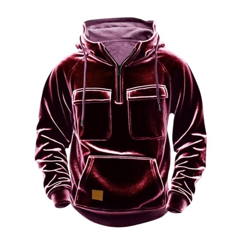 Velvet Quarter Zip Tactical Hoodies for Men Vintage Cargo Pullover Outdoor Workout Hooded Sweatshirt with Pockets