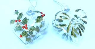 Gisela Graham Set of 2 Glass Heart Christmas Decorations - Holly and Mistletoe