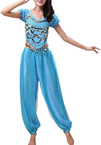 MSemis Buikdansbroek voor dames, glanzende dansbroek met kwastjes, harembroek, voor volwassenen, Arabische tribal danskostuum, oranje A, One size