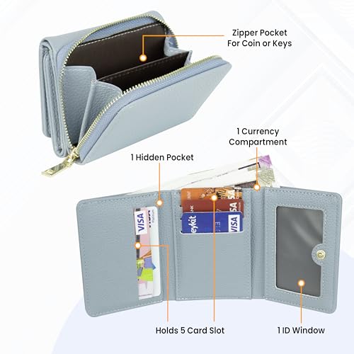 Image of Storite Women RFID Wallet | PU Leather | Slim Mini Zipper Purse with 5 Card Slots, ID Window, Cash & Coin Pocket | Button Closure (Light Blue - 11 x 8 x 4.2 cm)