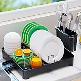 Beizkna Dish Drainer Rack Stainless Steel Dish Drying Rack Kitchen with Drip Tray Space-Saving Draining Board Rack for Counter Sink with Cutlery Holder for Utensil Washing Up, Black 15.7''L x 12''W - Image 1