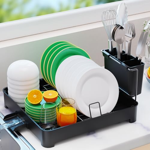 Beizkna Dish Drainer Rack Stainless Steel Dish Drying Rack Kitchen with Drip Tray Space-Saving Draining Board Rack for Counter Sink with Cutlery Holder for Utensil Washing Up, Black 15.7''L x 12''W