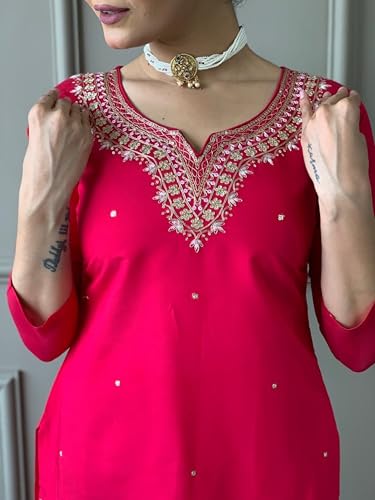 Image of Women's Viscose Chanderi Solid 3 /4 Sleeve Sweetheart Neck Embroidered Kurta, Pant and Dupatta-Dark-pink-JT-043