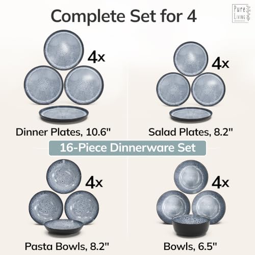 Image of 16 Piece Stoneware Dinnerware Set for 4, Handmade Plates and Bowls Set | Reactive Glaze Coating, Dishwasher & Microwave Safe Dish Set, Chip & Scratch Resistant Dishware Set, Ibiza Smoke Blue