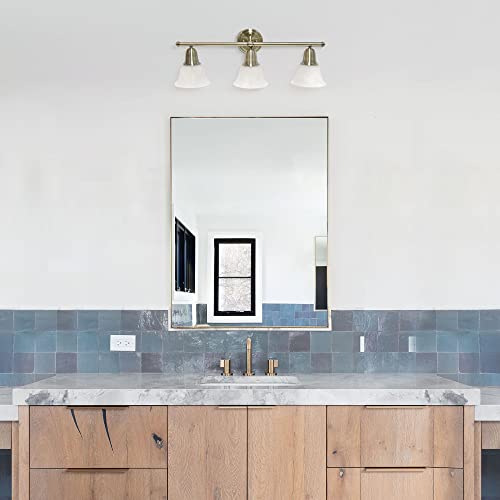 Image of Simple Designs VT1027-ABS 26.5 inch Classic 3 Light Straight Metal Bar & Frosted Marble White Bell Shape Glass Shades Decorative Wall Mounted Vanity Fixture for Bathroom, Entryway, Hallway, Antique Brass