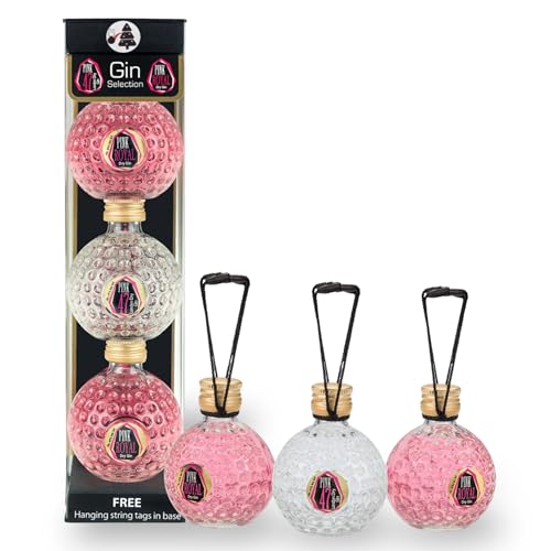 Diamond Spirits Set Of 3 Gin Filled Christmas Baubles. Pink Royal 40% ABV & Pink 47 Gin Miniatures 47% ABV. Hanging Mini Gin Bottles, London Dry Gin & Pink Gin Gift Set.