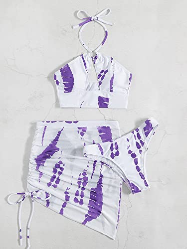 Makemechic Women's 3 Piece Swimsuits Halter Cutout Bikini Set Bathing Suit With Cover Up Skirt Multi Purple L #TOP2