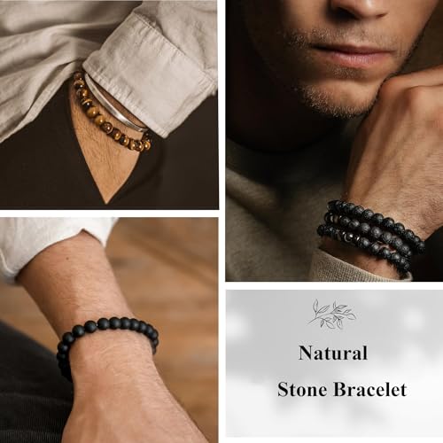 10PCS Mens Beaded Bracelets Set 8MM Tiger Eye Lava Stone Stretch Natural Stone Bead Bracelet Bulk Adjustable Black Crystal Stretch Bracelet for Men Gifts2